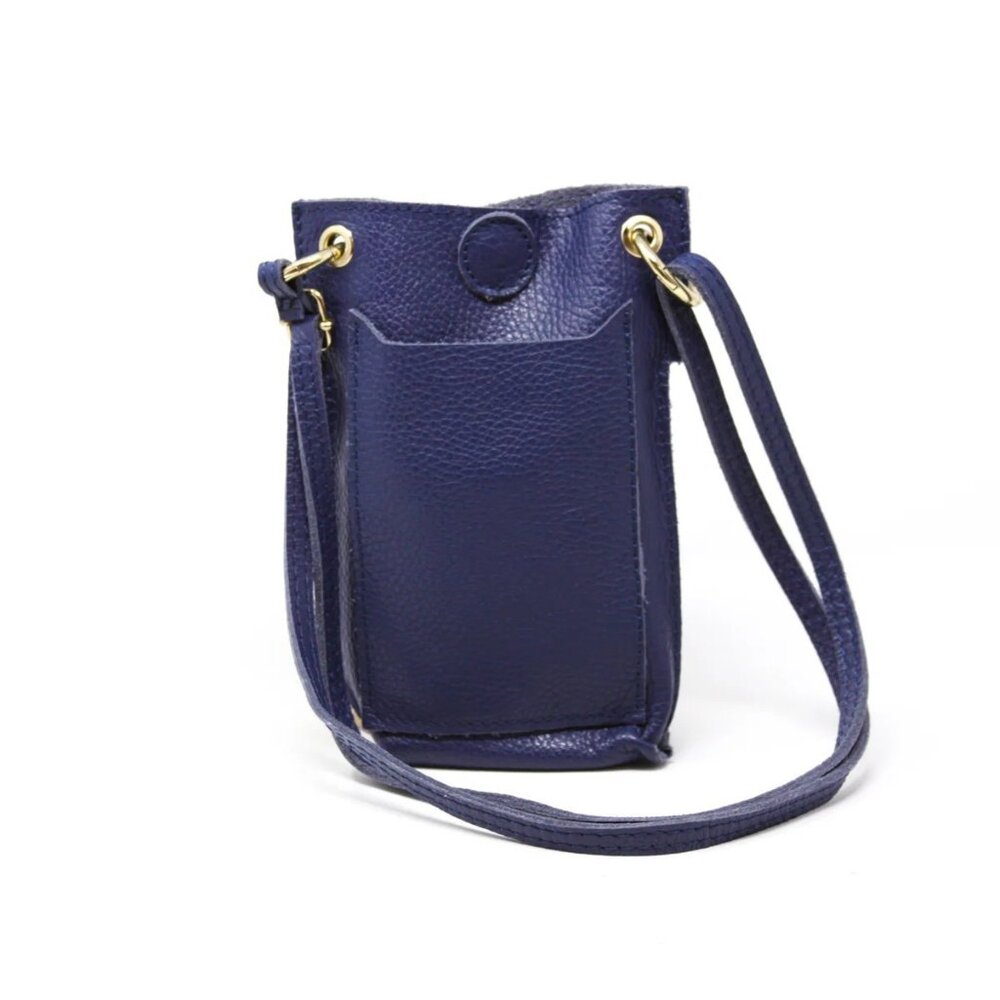 Cellphone crossbody bag is made from Italian leather and features a removable